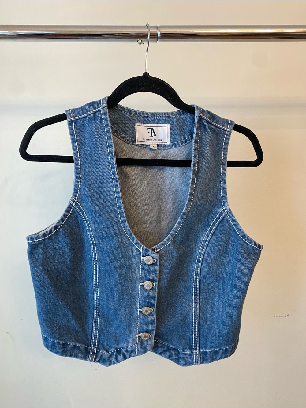 Flying Angel Blue Denim Button-Front Crop Vest